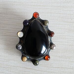 Vintage 925 Silver Navajo Brooch With Teardrop Onyx Stone